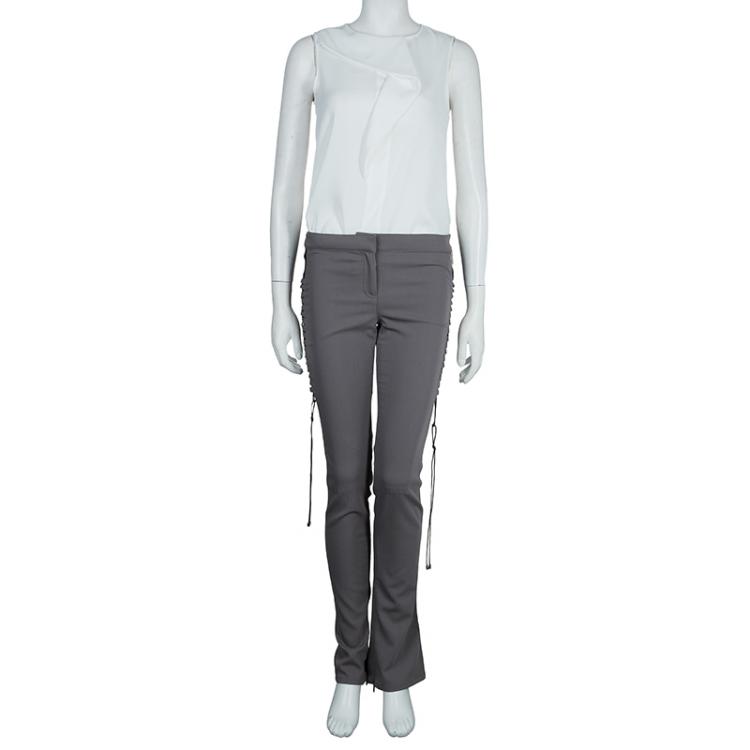 مملوكة مسبقًا Roberto Cavalli Grey Criss Cross Tie-Up Eyelet Lace Detail Trousers S