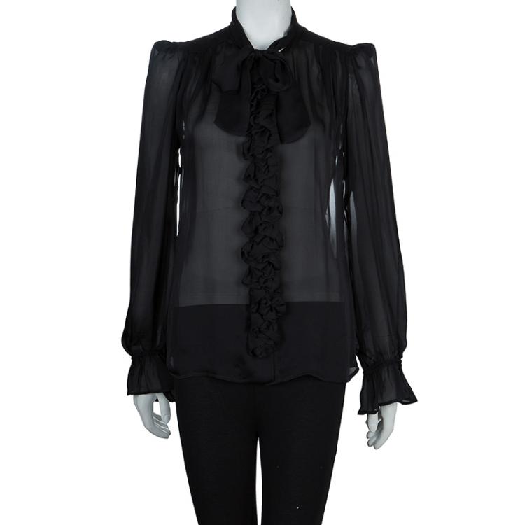 Pre Owned Roberto Cavalli Black Floral Applique Detail Silk Blouse M