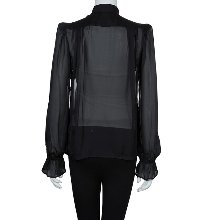 Pre Owned Roberto Cavalli Black Floral Applique Detail Silk Blouse M