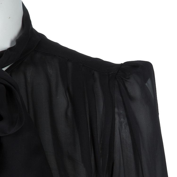 Pre Owned Roberto Cavalli Black Floral Applique Detail Silk Blouse M