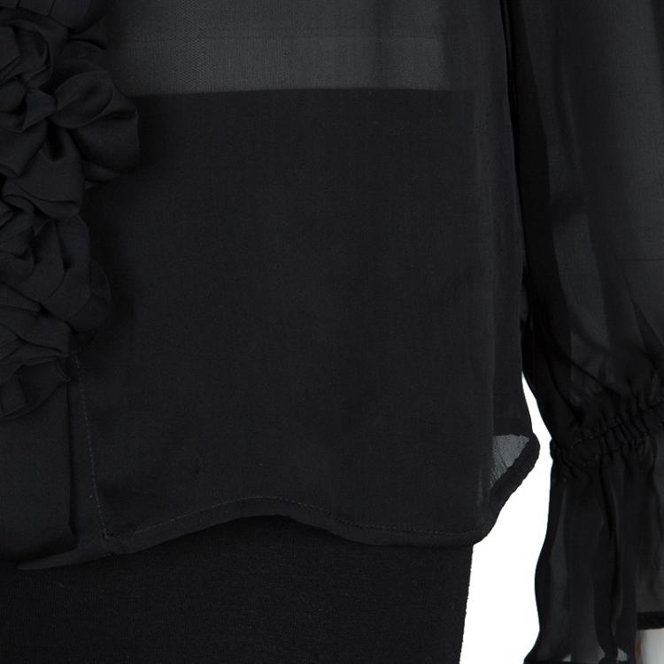 Pre Owned Roberto Cavalli Black Floral Applique Detail Silk Blouse M