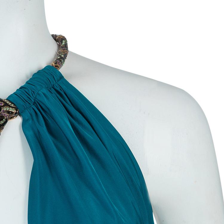 Pre Owned Roberto Cavalli Peacock Blue Knit Jewelled Snake Necklace Detail Evening Gown M