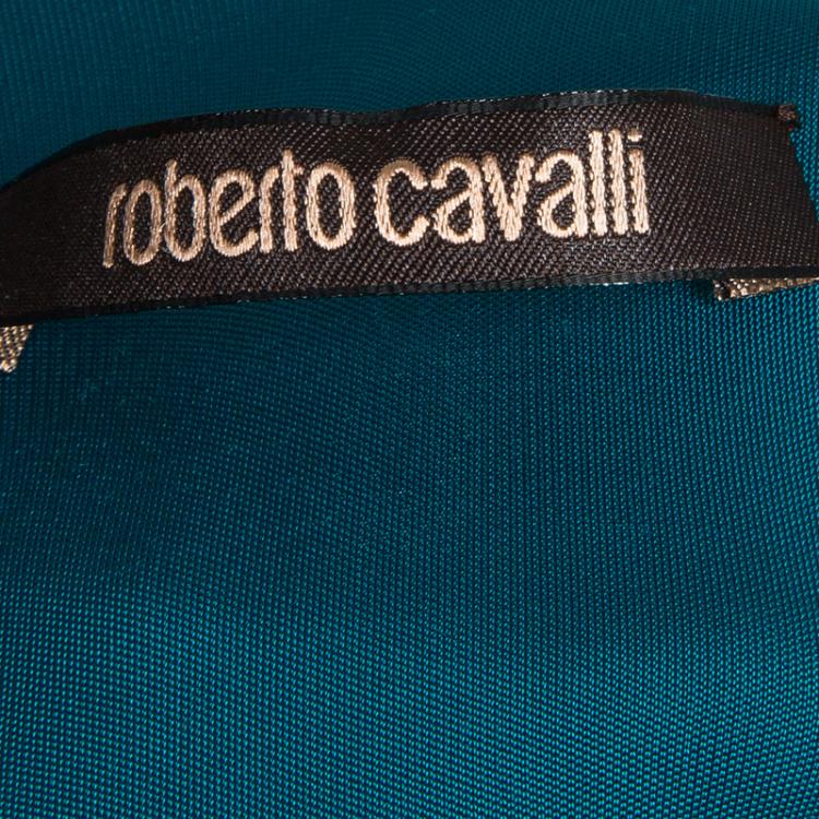 Pre Owned Roberto Cavalli Peacock Blue Knit Jewelled Snake Necklace Detail Evening Gown M