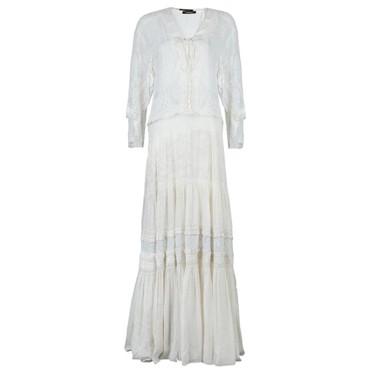 Pre Owned Roberto Cavalli Cream Printed Silk Lace Insert Tiered Maxi Dress S