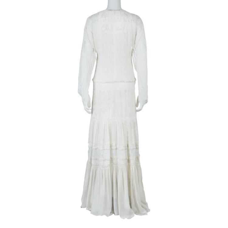 Pre Owned Roberto Cavalli Cream Printed Silk Lace Insert Tiered Maxi Dress S