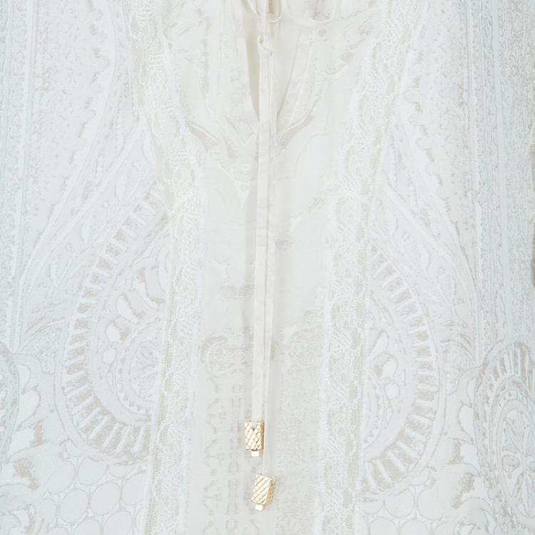 Pre Owned Roberto Cavalli Cream Printed Silk Lace Insert Tiered Maxi Dress S