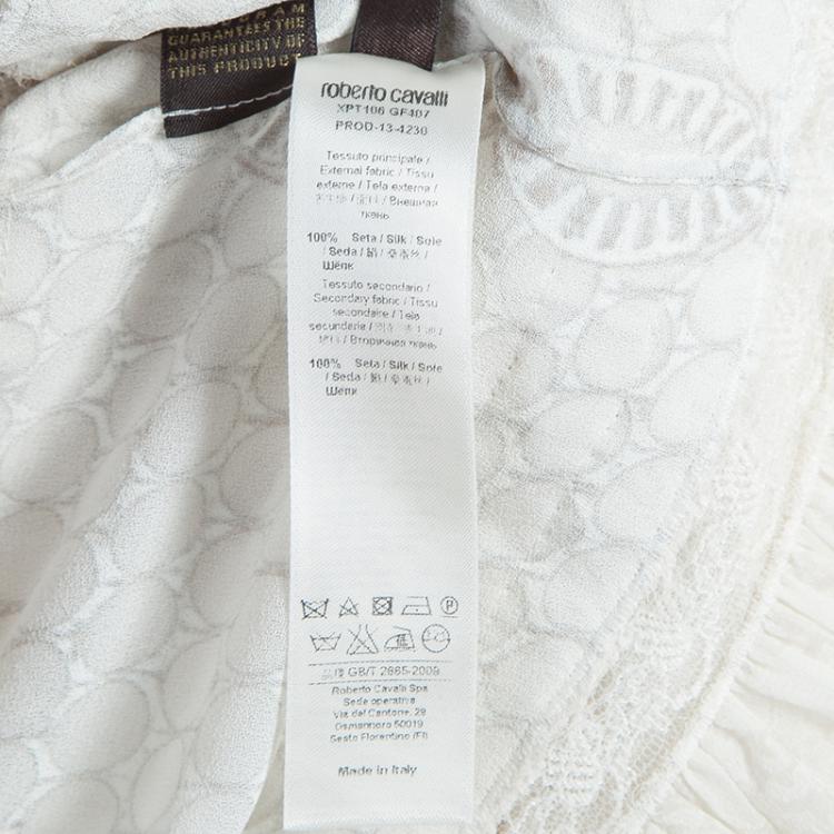 Pre Owned Roberto Cavalli Cream Printed Silk Lace Insert Tiered Maxi Dress S