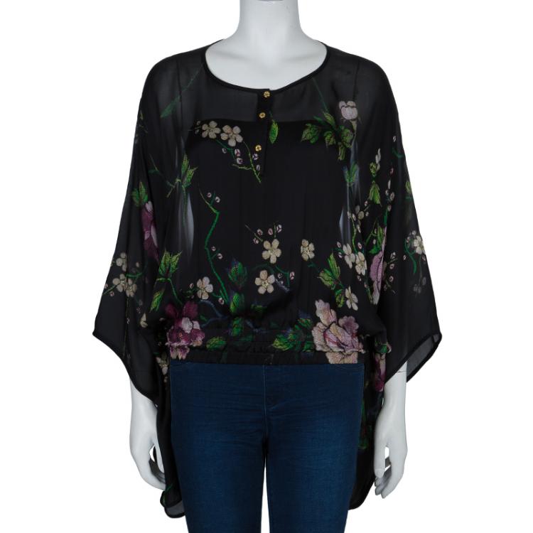 Pre Owned Roberto Cavalli Black Floral Print Batwing Sleeve Sheer Blouse M
