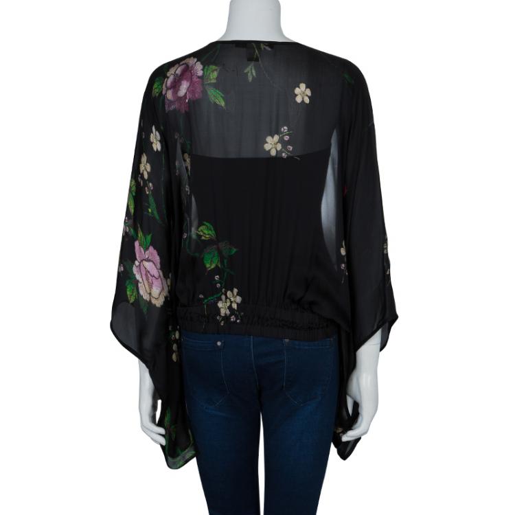 Pre Owned Roberto Cavalli Black Floral Print Batwing Sleeve Sheer Blouse M