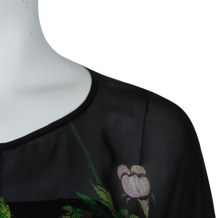 Pre Owned Roberto Cavalli Black Floral Print Batwing Sleeve Sheer Blouse M