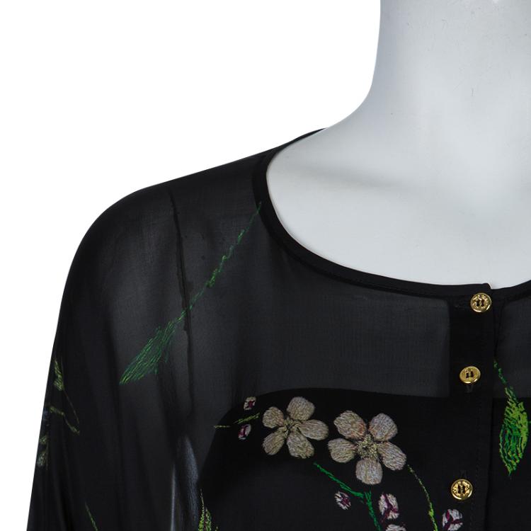 Pre Owned Roberto Cavalli Black Floral Print Batwing Sleeve Sheer Blouse M