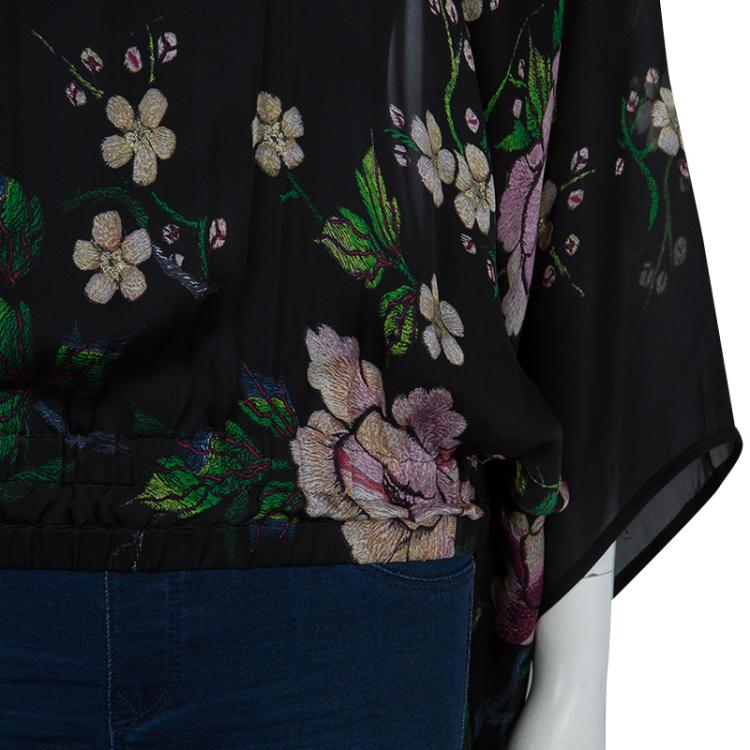 Pre Owned Roberto Cavalli Black Floral Print Batwing Sleeve Sheer Blouse M