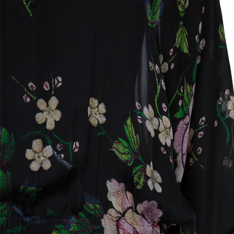 Pre Owned Roberto Cavalli Black Floral Print Batwing Sleeve Sheer Blouse M