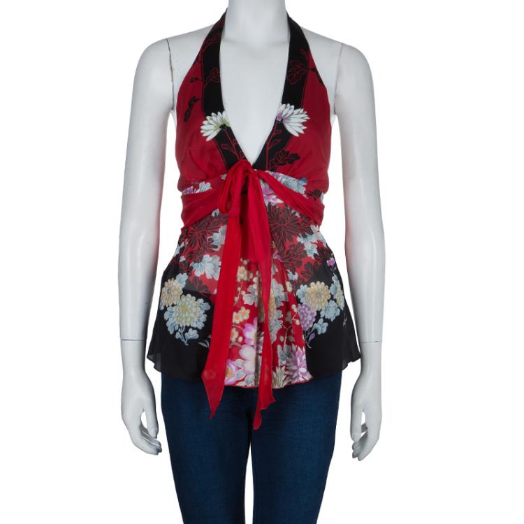 Pre Owned Roberto Cavalli Multicolor Floral Print Silk Halter Top  M