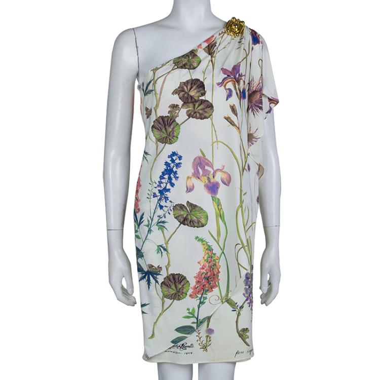 Pre Owned Roberto Cavalli White Knit Floral Printed One Shoulder Dress S
