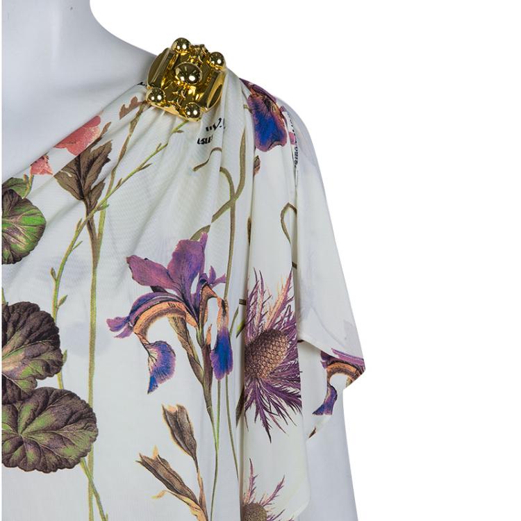 Pre Owned Roberto Cavalli White Knit Floral Printed One Shoulder Dress S