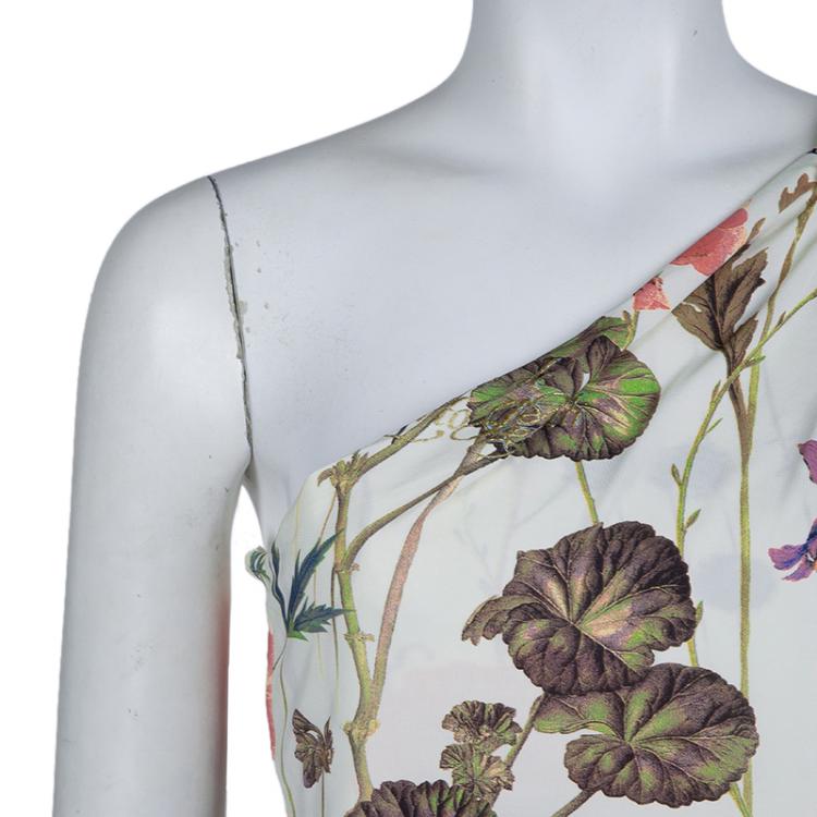 Pre Owned Roberto Cavalli White Knit Floral Printed One Shoulder Dress S