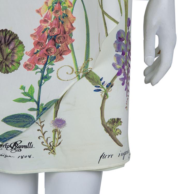 Pre Owned Roberto Cavalli White Knit Floral Printed One Shoulder Dress S