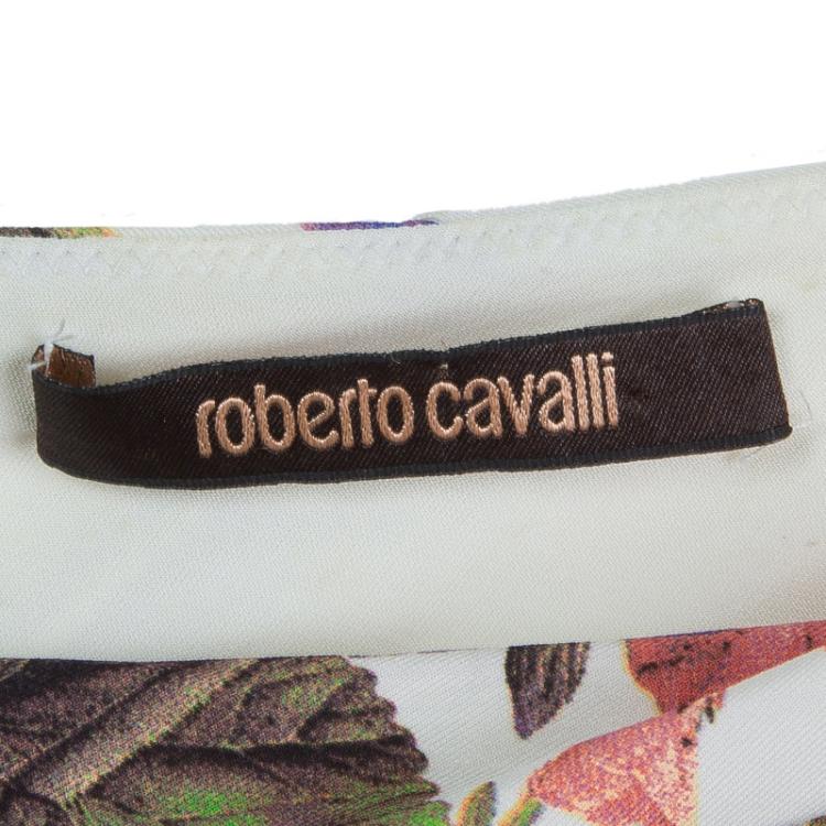 Pre Owned Roberto Cavalli White Knit Floral Printed One Shoulder Dress S