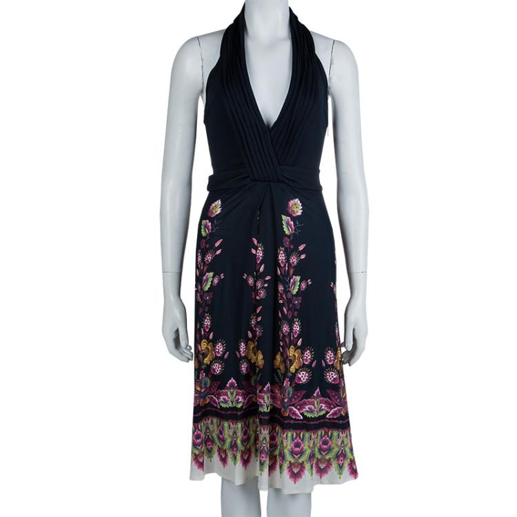 Pre Owned Roberto Cavalli Black Knit Floral Print Halter Dress S
