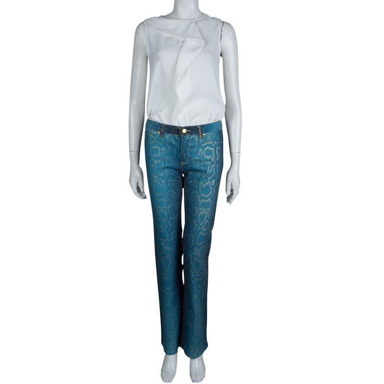 Pre Owned Roberto Cavalli Electric Blue Glitter Snake Print Boot Cut Jeans XS