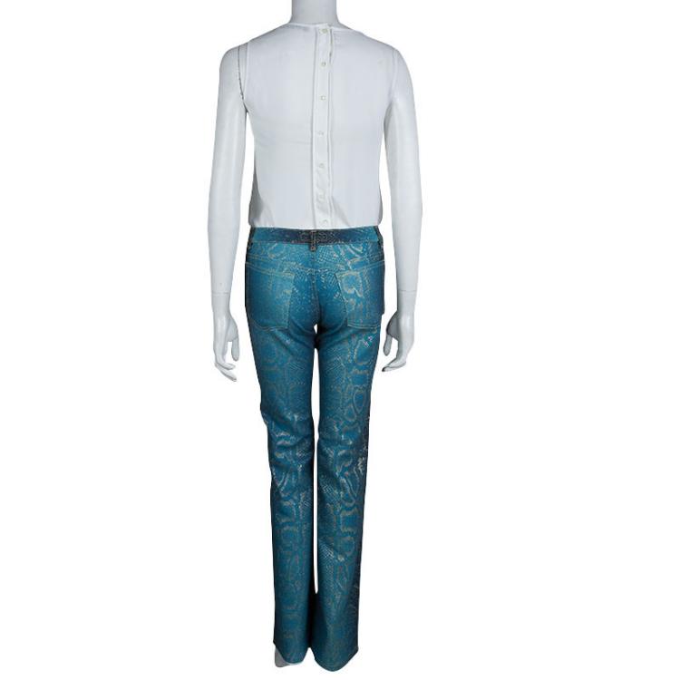 Pre Owned Roberto Cavalli Electric Blue Glitter Snake Print Boot Cut Jeans XS