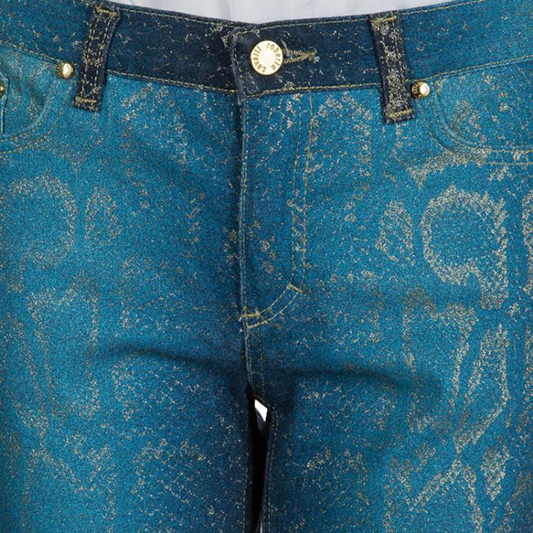 Pre Owned Roberto Cavalli Electric Blue Glitter Snake Print Boot Cut Jeans XS