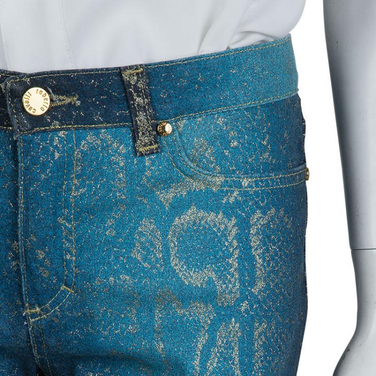 Pre Owned Roberto Cavalli Electric Blue Glitter Snake Print Boot Cut Jeans XS