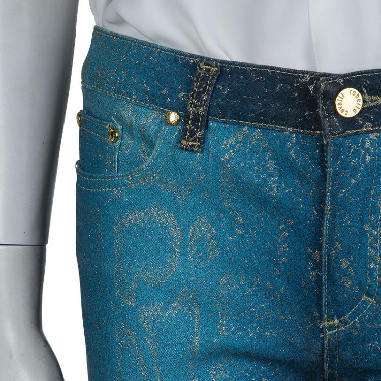 Pre Owned Roberto Cavalli Electric Blue Glitter Snake Print Boot Cut Jeans XS