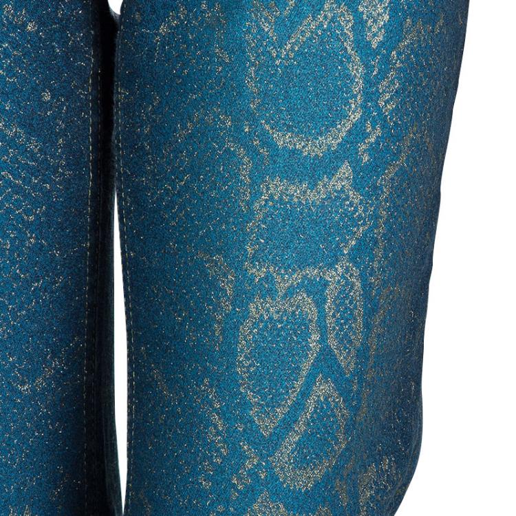 Pre Owned Roberto Cavalli Electric Blue Glitter Snake Print Boot Cut Jeans XS