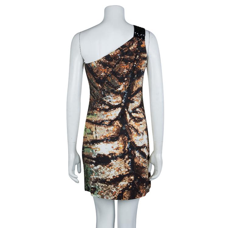 Pre Owned Roberto Cavalli Multicolor Knit Sequin Embellished One Shoulder Dress L