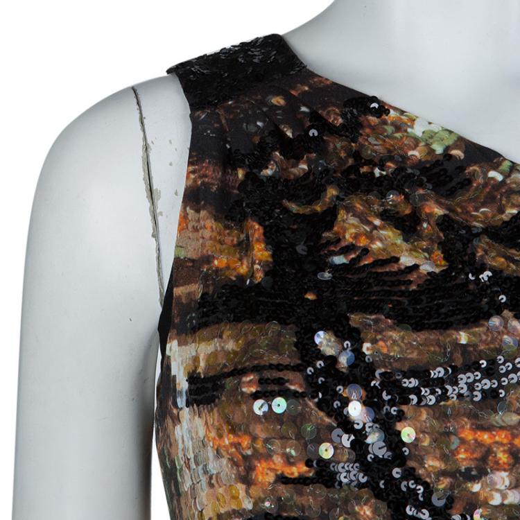 Pre Owned Roberto Cavalli Multicolor Knit Sequin Embellished One Shoulder Dress L