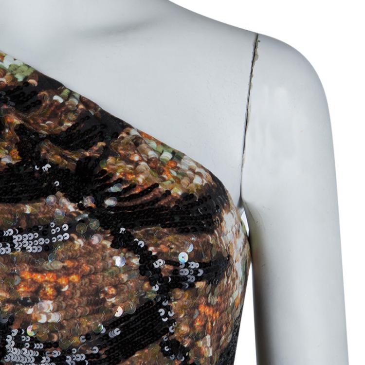 Pre Owned Roberto Cavalli Multicolor Knit Sequin Embellished One Shoulder Dress L