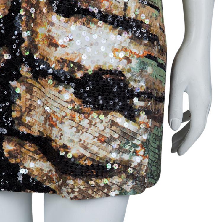 Pre Owned Roberto Cavalli Multicolor Knit Sequin Embellished One Shoulder Dress L