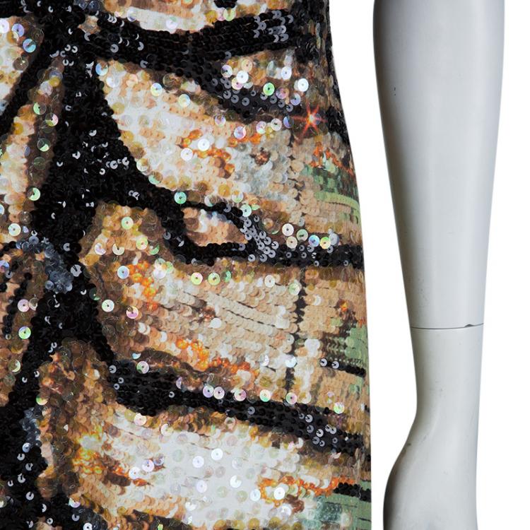 Pre Owned Roberto Cavalli Multicolor Knit Sequin Embellished One Shoulder Dress L