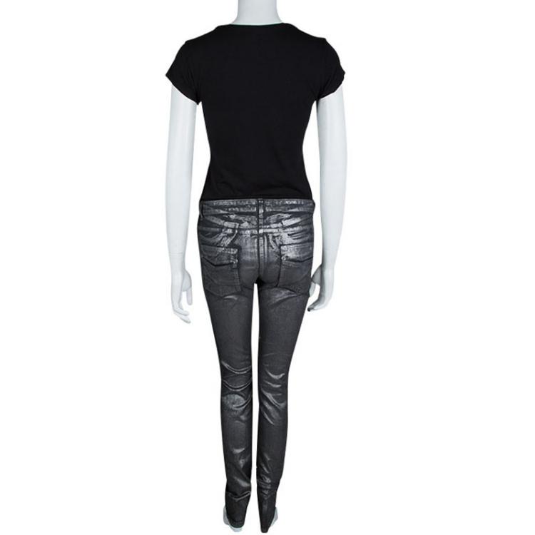 مملوكة مسبقًا Roberto Cavalli Silver Metallic Finish Skinny Jeans M