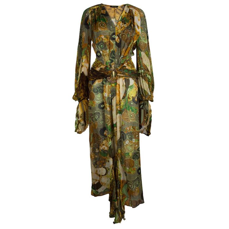 Pre Owned Roberto Cavalli Multicolor Pleated Silk Belted Maxi Dress M