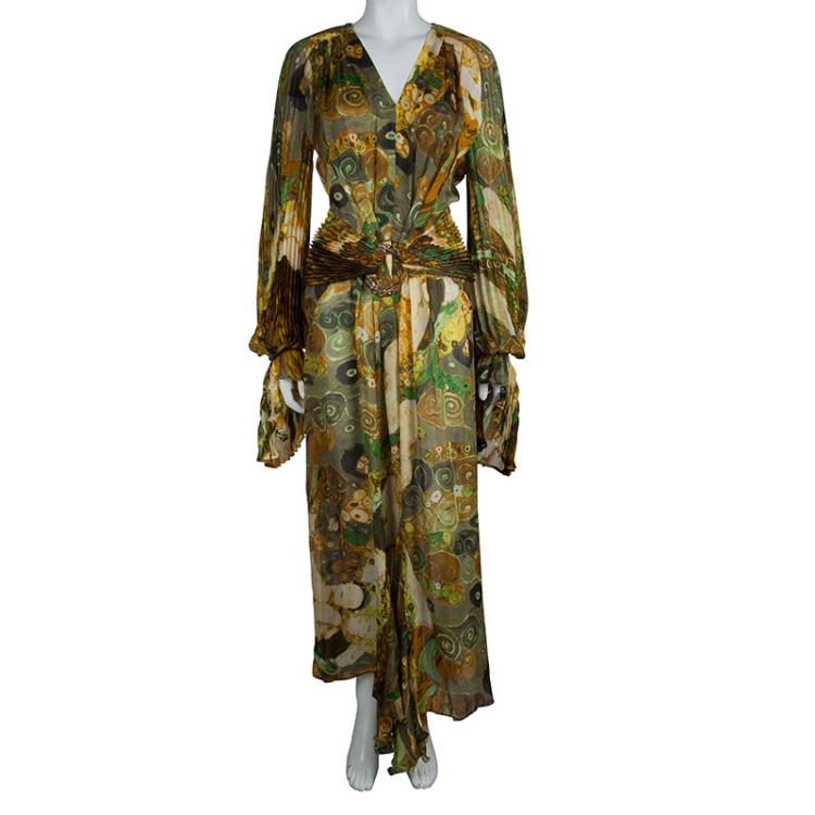 Pre Owned Roberto Cavalli Multicolor Pleated Silk Belted Maxi Dress M