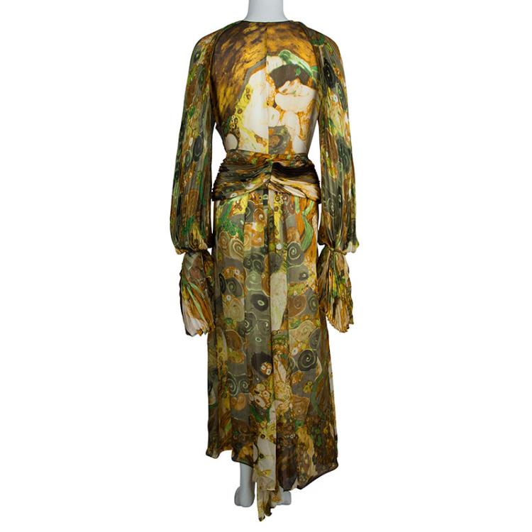 Pre Owned Roberto Cavalli Multicolor Pleated Silk Belted Maxi Dress M