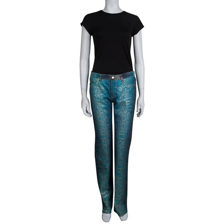 Pre Owned Roberto Cavalli Electric Blue Glitter Snake Print Boot Cut Jeans S