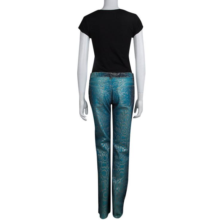 Pre Owned Roberto Cavalli Electric Blue Glitter Snake Print Boot Cut Jeans S