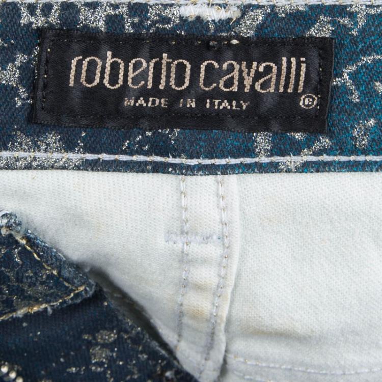 Pre Owned Roberto Cavalli Electric Blue Glitter Snake Print Boot Cut Jeans S