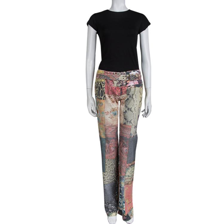 Pre Owned Roberto Cavalli Multicolor Patchwork Print Belted Boot Cut Jeans S