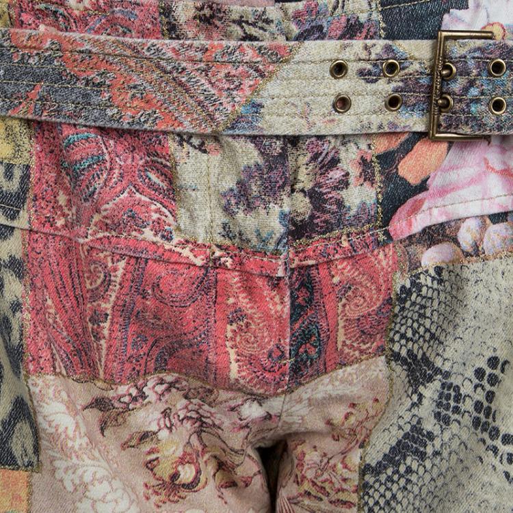 Pre Owned Roberto Cavalli Multicolor Patchwork Print Belted Boot Cut Jeans S