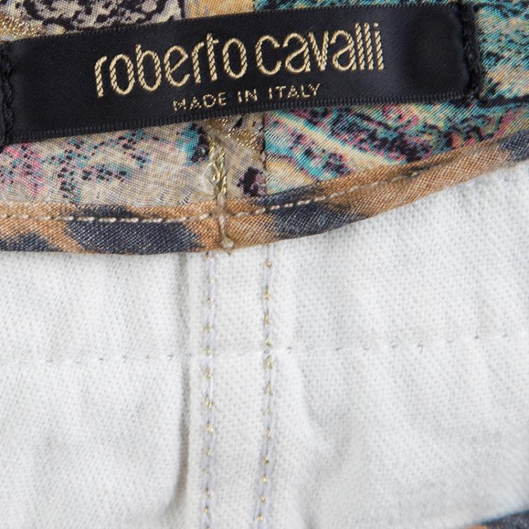 Pre Owned Roberto Cavalli Multicolor Patchwork Print Belted Boot Cut Jeans S
