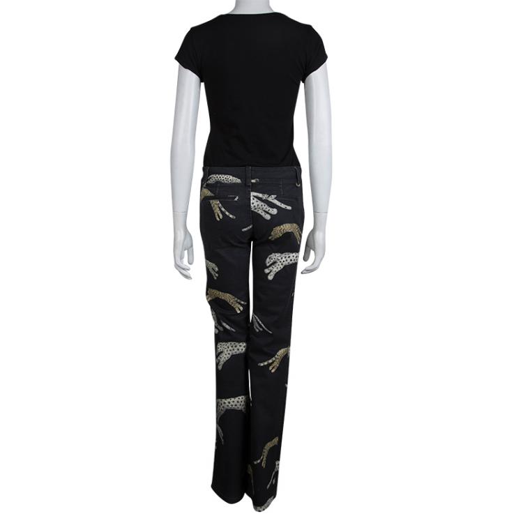 Pre Owned Roberto Cavalli Black Glitter Tiger Print Boot Cut Jeans S