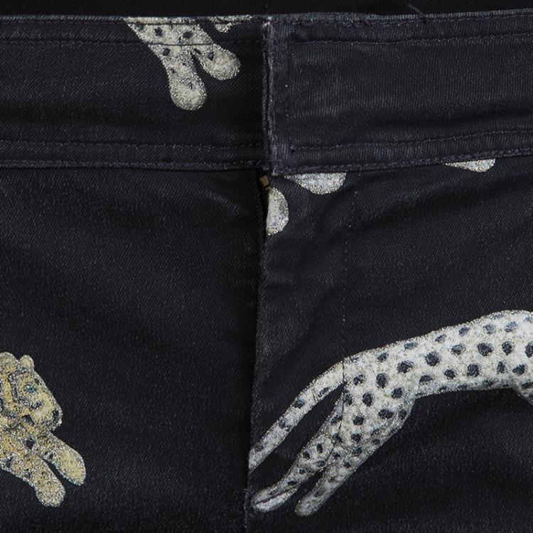 Pre Owned Roberto Cavalli Black Glitter Tiger Print Boot Cut Jeans S