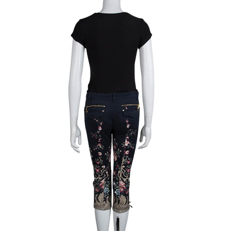 Pre Owned Roberto Cavalli Navy Blue Floral Print Tie Detail Capri Pants S