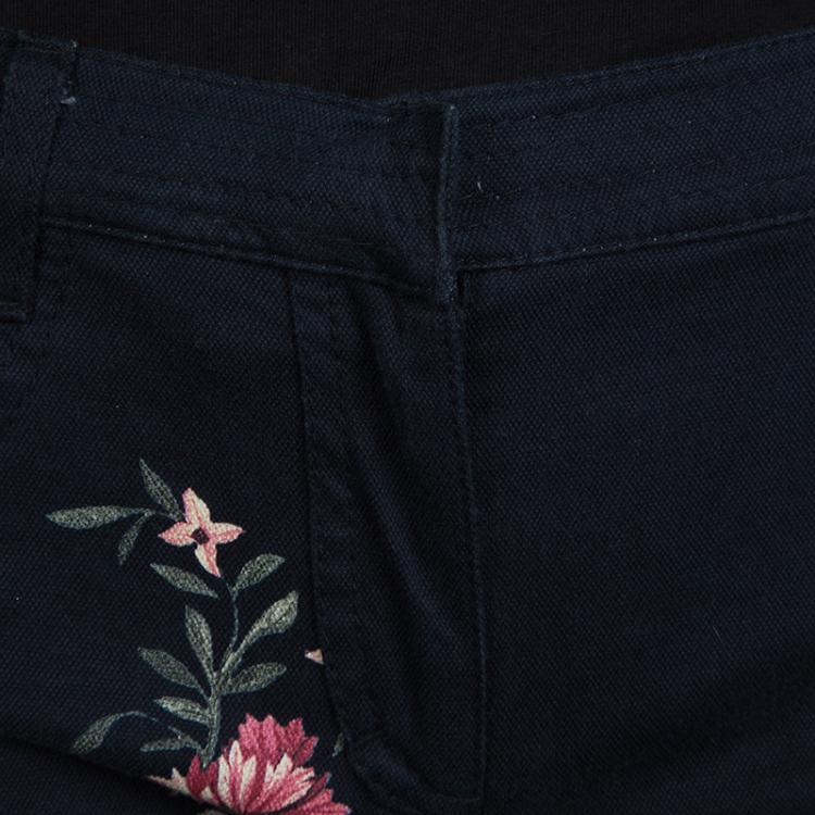 Pre Owned Roberto Cavalli Navy Blue Floral Print Tie Detail Capri Pants S