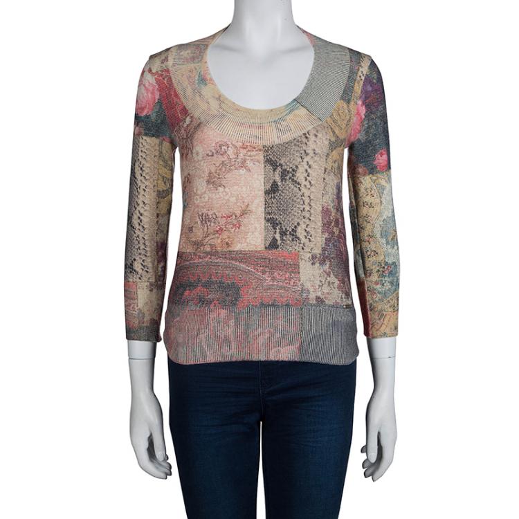 Pre Owned Roberto Cavalli Multicolor Patchwork Print Knit Top XS
